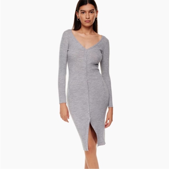 Aritzia Dresses & Skirts - BABATON Avalon Dress Ribbed Button-Front Long Sleeve in Light Gray size small